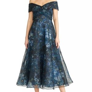 Theia Auden Floral Crinkled Organza Off-the-Shoulder Midi Dress